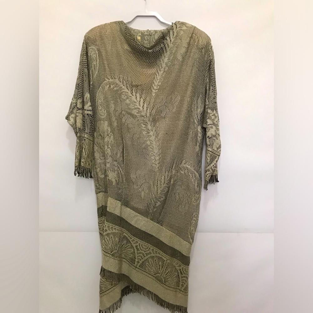 Vtg Damianou Lace Crochet Fringe Silver Gold Metallic Drop Waist Party Size P